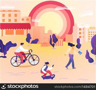 People Characters Walking in Modern City at Summertime. Male and Female Characters Spend Time Outdoors Riding Bicycle, Skateboarding, Using Gadgets. Urban Background. Cartoon Flat Vector Illustration. People Characters Walking in City at Summertime.