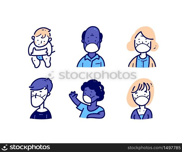 People characters with medical mask avatar portrait. Doodle cartoon line art.