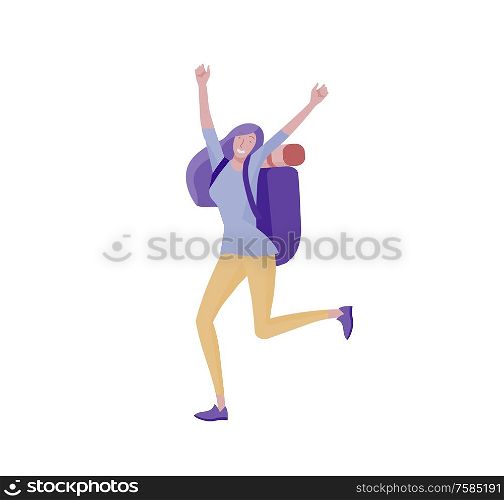 People characters woman for hiking and trekking, holiday travel vector, hiker and tourism illustration. Happy Tourists travelling with friends dancing and hugging. People characters man and woman for hiking and trekking, holiday travel vector, hiker and tourism illustration. Tourists travelling with friends, in various activity with luggage and equipment