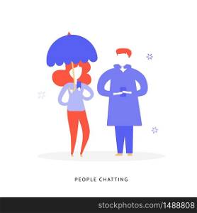 People chatting concept. Woman and man on the date with phones. Social Network Flat Vector Illustration.. People chatting concept. Woman and man on the date with phones. Social Network Flat Vector Illustration