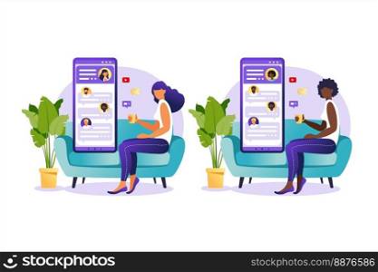 People chatting in the smartphone screen, virtual relationship vector illustration concept. Dating app or chat concept. Vector illustration for online dating app users.