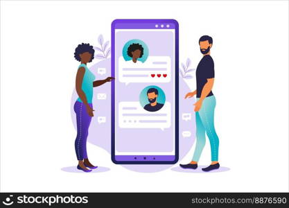 People chatting in the smartphone screen, virtual relationship vector illustration concept. Dating app or chat concept. Vector illustration for online dating app users.