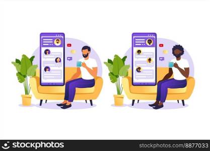People chatting in the smartphone screen, virtual relationship vector illustration concept. Dating app or chat concept. Vector illustration for online dating app users.