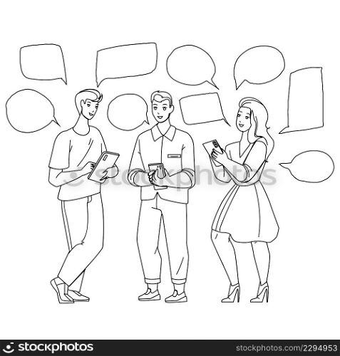 People Chatting On Smartphone Application Black Line Pencil Drawing Vector. Boy And Girl Chatting On Phone App Together, Writing And Sending Message In Messenger. Characters Use Digital Device. People Chatting On Smartphone Application Vector