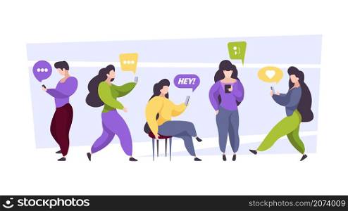 People chatting. Online dialogue persons with gadgets group of characters holding smartphones reading texting messages garish vector concept backgrounds. Illustration online chat and dialogue. People chatting. Online dialogue persons with gadgets group of characters holding smartphones reading texting messages garish vector concept backgrounds