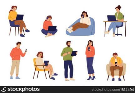 People chatting online. Smiling person with mobile phone, cartoon woman use internet. Communication in social media swanky vector set. People online chat, mobile social communication illustration. People chatting online. Smiling person with mobile phone, cartoon woman use internet. Modern communication in social media swanky vector set
