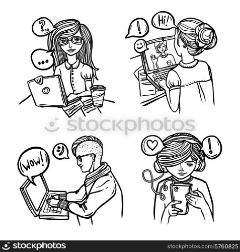 People chatting via internet devices sketch decorative icons set isolated vector illustration. People Chat Sketch