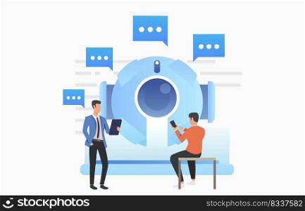 People chatting with isometric AI robot. Artificial intelligence, support, cyborg. Chatbot concept. Vector illustration for website, landing page, online store