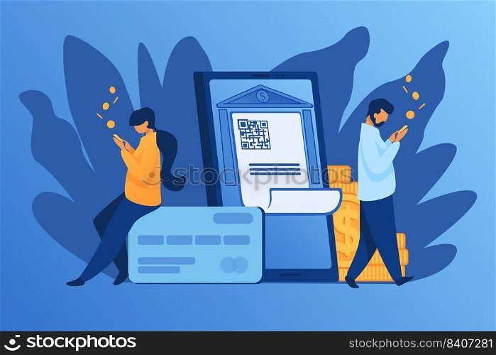 People check money on accounts. People, coins, bank building with qr code flat vector illustration. Finance concept for banner, website design or landing web page