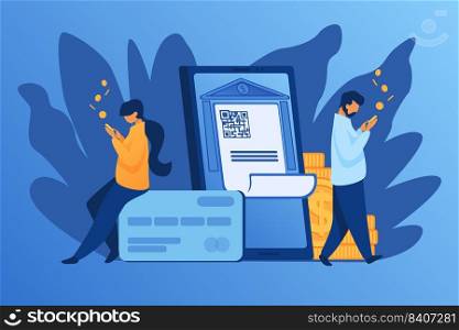 People check money on accounts. People, coins, bank building with qr code flat vector illustration. Finance concept for banner, website design or landing web page