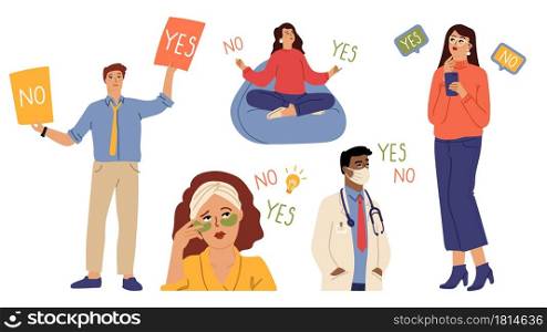 People choose yes or no. Diverse characters, doctor manager beauty woman. Accept or reject, consent or refusal, choice and decision making vector . Illustration select correct, solution and choice. People choose yes or no. Diverse characters, doctor manager beauty woman thinking. Accept or reject, consent or refusal, difficult choice and decision making vector concept