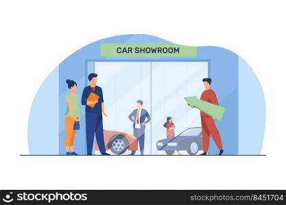 People choosing and buying automobile. Car showroom, customer, seller flat vector illustration. Vehicle purchase, test drive, transport concept for banner, website design or landing web page