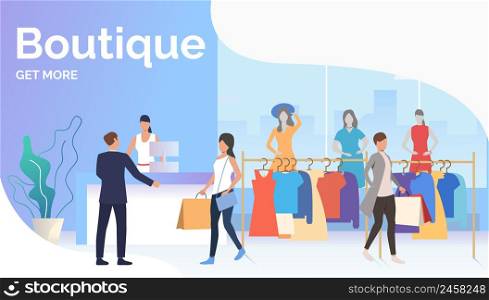 People choosing and buying clothes in boutique. Fashion outlet, boutique concept. Poster or landing template. Vector illustration for topics like business, shopping, sale