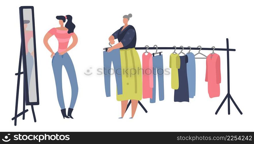 People choosing clothes in shop and looking at mirror isolated on white background. People choosing clothes in shop and looking at mirror