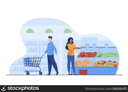 People choosing products in grocery store. Trolley, vegetables, basket flat vector illustration. Shopping and supermarket concept for banner, website design or landing web page