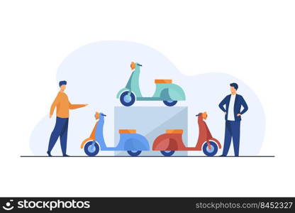 People choosing scooter for rent. Men buying or sharing mopeds flat vector illustration. Transport, transportation, shop concept for banner, website design or landing web page