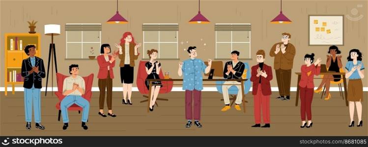 People clap, team congratulate colleague in office interior. Business characters applaud to coworker enjoying everyone&rsquo;s attention. Celebration, appreciation concept Cartoon linear vector illustration. People clap, team congratulate colleague in office