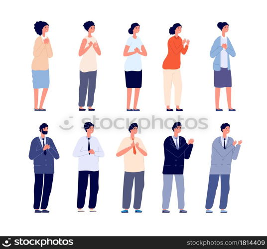 People clapping. Thankful business man, smiling women clap and support. Isolated office team applauding vector set. Clapping and applauding successful, office communication and support illustration. People clapping. Thankful business man, smiling women clap and support. Isolated office characters team applauding together utter vector set