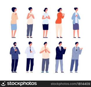 People clapping. Thankful business man, smiling women clap and support. Isolated office team applauding vector set. Clapping and applauding successful, office communication and support illustration. People clapping. Thankful business man, smiling women clap and support. Isolated office characters team applauding together utter vector set