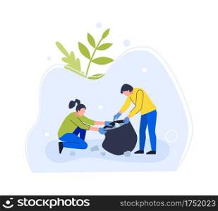 People clean environment from garbage, collect in bag. Vector volunteer collect garbage, ecology clean from trash and rubbish illustration. People clean environment from garbage, collect in bag