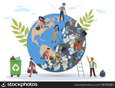 People clean planet. Globe in mountain of garbage from plastic bottles waste dishes, women and man cleanse Earth from pollution protect and save world concept flat vector cartoon isolated illustration. People clean planet. Globe in mountain of garbage from plastic bottles waste dishes, women and man cleanse Earth from pollution save world concept flat vector cartoon isolated illustration