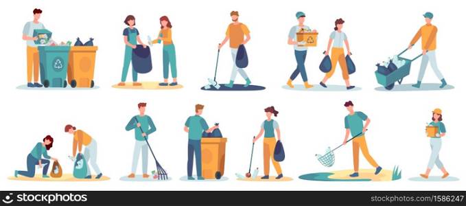 People clean up garbage. Volunteers gathering trash recycle. Characters cleaning environment litter. Waste collectors vector set. People collect trash and rubbish, cleaning environmental illustration. People clean up garbage. Volunteers gathering trash for recycle. Characters cleaning environment from litter. Waste collectors vector set