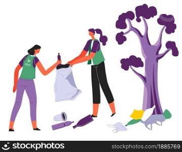 People cleaning environment from waste pollution and plastic. Volunteers with bags collecting litter left behind. Ecology and volunteering activity of characters. Eco organization vector in flat. Volunteers caring for ecological environment cleaning natural locations