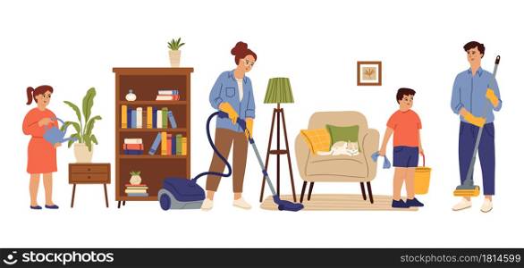 People cleaning home. Family living room, mom daughter doing house work. Householding, kids adult housekeeping swanky vector concept. Together housekeeping at home, housework clean illustration. People cleaning home. Family living room, mom daughter doing house work together. Householding, kids adult housekeeping swanky vector concept