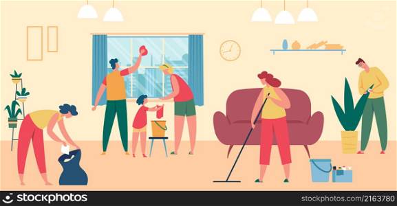 People cleaning home together, wash window and floor. Vector people together cleaning house, housekeeping by family illustration. People cleaning home together, wash window and floor