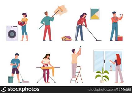 People cleaning. Housework cleaning company service, men and women doing chores. Ironing, washing floor and vacuuming vector housekeeping characters. People cleaning. Housework cleaning company service, men and women doing chores. Ironing, washing floor and vacuuming vector characters