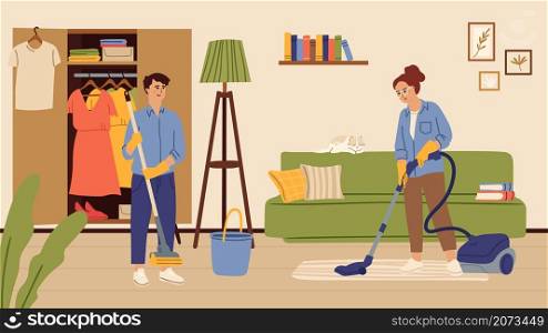 People cleaning living room. Family washing floor and doing homework in apartment. Clean day, man woman in house vector illustration. Family cleaning domestic house, do housework. People cleaning living room. Family washing floor and doing homework in apartment. Clean day, man woman in house vector illustration