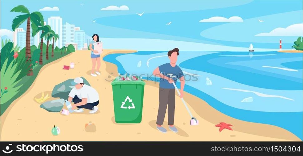People cleaning sandy beach flat color vector illustration. Polluted seashore clean up. Volunteers collecting garbage 2D cartoon character with ocean and tropical palm trees on background. People cleaning sandy beach flat color vector illustration