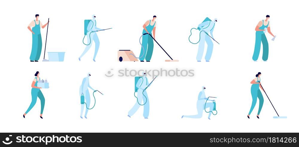 People cleaning. Young householders, isolated professional cleaners staff. Disinfection service, flat workers with equipment utter vector set. Illustration household and housework, young housekeeping. People cleaning. Young householders, isolated professional cleaners staff. Disinfection service, flat workers with equipment utter vector set
