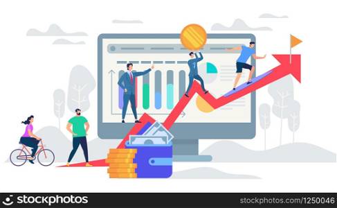 People Climb Up to Flag Target at Top of Red Arrow Under Direction of Business Trainer Man on Huge Monitor with Graphs and Nature Background. Financial Coach Teaching. Cartoon Flat Vector Illustration. People Climb Up to Flag Target at Top of Red Arrow
