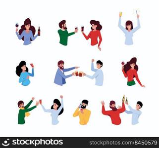 People clink glasses. Friends on party celebrating together funny event with alcohol drink garish vector cartoon persons. Illustraton of drink celebration with alcohol. People clink glasses. Friends on party celebrating together funny event with alcohol drink garish vector cartoon persons