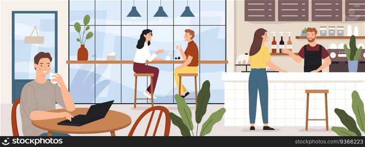 People coffeehouse. Cafe interior man and woman drinking coffees. Barista and customer in cafeteria or coffee shop, vector concept. Illustration cafe interior, man and woman in restaurant and coffee. People in coffeehouse. Cafe interior with man and woman drinking coffees. Barista and customer in cafeteria or coffee shop, vector concept