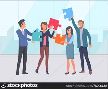 People collaboration of team vector, man and woman holding pieces of puzzle, teamwork concept. Businessman and businesswoman wearing formal clothes in office flat style. Flat cartoon. Teamwork Concept, Puzzle Making Businessman Vector