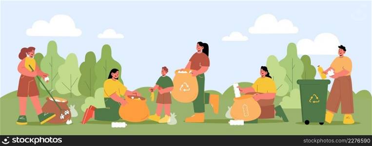 People collect and sorting waste in park. Vector flat illustration of volunteers collecting trash in bags and bin for recycle. Summer landscape with women and men pick plastic and organic rubbish. People collect and sorting waste in park