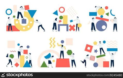 People collect colorful geometric shapes, team building and organize management. Abstract teamwork metaphor, business start up recent vector scenes of teamwork illustration. People collect colorful geometric shapes, team building and organize management. Abstract teamwork metaphor, business start up recent vector scenes
