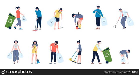 People collect garbage in special recycling bags. Litter picking of volunteer and family cleaning plastic waste. Collecting and recycle trash vector characters. Illustration of volunteer pick trash. People collect garbage in special recycling bags. Litter picking of volunteer and family cleaning plastic waste. Collecting and recycle trash recent vector characters