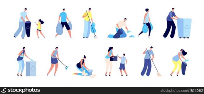People collect garbage. Trash recycling, family with bin waste containers. Man woman cleaning separating trash, caring environment vector set. Illustration garbage trash collect, safe ecology. People collect garbage. Trash recycling, family with bin waste containers. Man woman cleaning separating trash, caring environment vector set