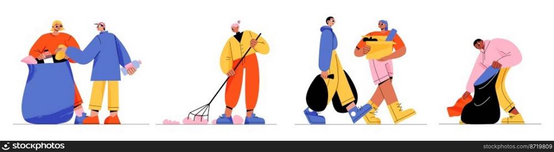 People collect trash, volunteers characters clean up rubbish and garbage for recycling. Ecology, nature protection, volunteering and social charity concept, Line art vector illustration isolated set. People collect trash volunteers characters cleanup