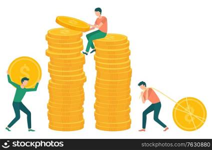 People collecting coins in pile of money. Investors with financial assets, male carrying big dollar gold cash in hands of character. Vector illustration in flat cartoon style. People Pulling Gold Dollar Coin to Pile Money