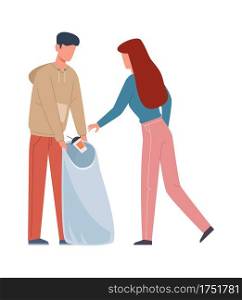 People collecting garbage. Man and woman sorting recycling waste, family separate trash in container, volunteers pollution protect and ecology recycle concept flat vector cartoon isolated illustration. People collecting garbage. Man and woman sorting recycling waste, family separate trash in container, pollution protect and ecology recycle concept flat vector cartoon isolated illustration