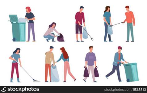 People collecting garbage. Men and women sorting recycling waste in bins, dumpsters and containers, cleaning environment, volunteers protection nature vector flat cartoon concept. People collecting garbage. Men and women sorting recycling waste, cleaning environment, volunteers protection nature vector concept