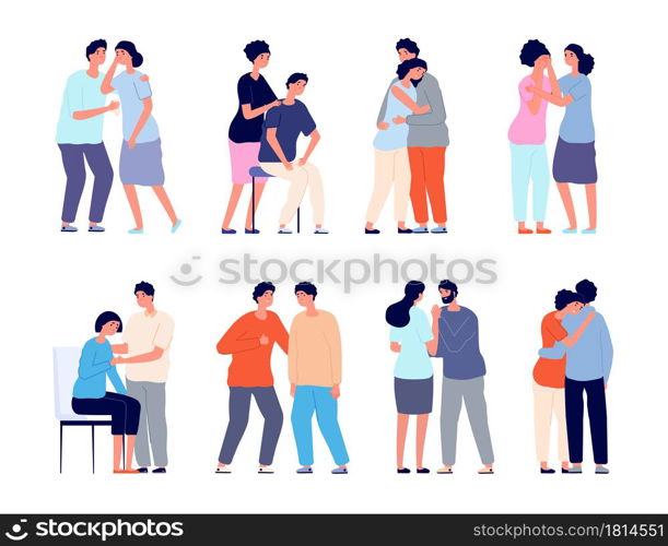 People comforting. Man support, comforted shoulder hugs or emotional characters. Persons together, empathy girl and comfort utter vector set. Support man and woman, people together illustration. People comforting. Man support, comforted shoulder hugs or emotional characters. Persons together, empathy girl and comfort utter vector set