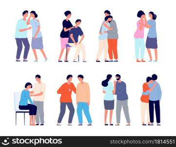 People comforting. Man support, comforted shoulder hugs or emotional characters. Persons together, empathy girl and comfort utter vector set. Support man and woman, people together illustration. People comforting. Man support, comforted shoulder hugs or emotional characters. Persons together, empathy girl and comfort utter vector set