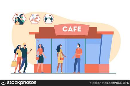 People coming to cafe during coronavirus pandemic. Catering, recreation, queue. Flat vector illustration. Pandemic concept can be used for presentations, banner, website design, landing web page