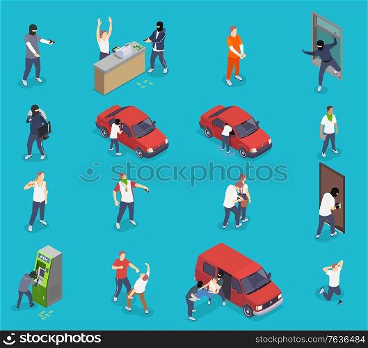 People committing crime isometric icons set with thieves kidnappers gangsters isolated on blue background 3d vector illustration
