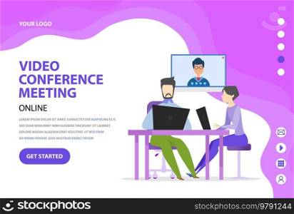People communicate by online video call, conference, meeting. Communication, discussion of business development with colleagues online. Template of website or webpage for video meeting via Internet. Template of website or webpage for online meeting via Internet. People communicate by video call